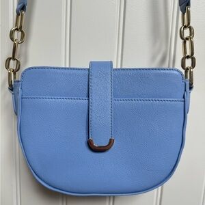 Talbots Periwinkle Blue Leather Cross Body Purse. 8” by 6” by 3”. Max Strap 25”